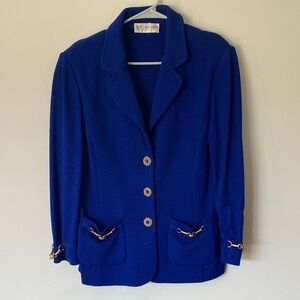 St John royal blue blazer woven knit sweater jacket nautical equestrian gold